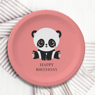Monogram Cute Sitting Panda Personalized Salmon Paper Plate