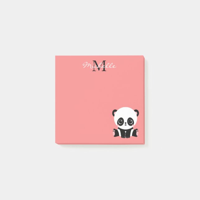 Monogram Cute Sitting Panda Personalized Salmon Post-it Notes (Front)