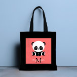 Monogram cute sitting panda personalized salmon tote bag<br><div class="desc">A cute panda bear sitting on the floor on a salmon background. Personalize with your monogram and name or delete text in text boxes for no name.</div>