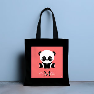 Monogram cute sitting panda personalized salmon tote bag