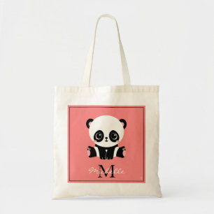 Monogram Cute Sitting Panda Personalized Salmon Tote Bag