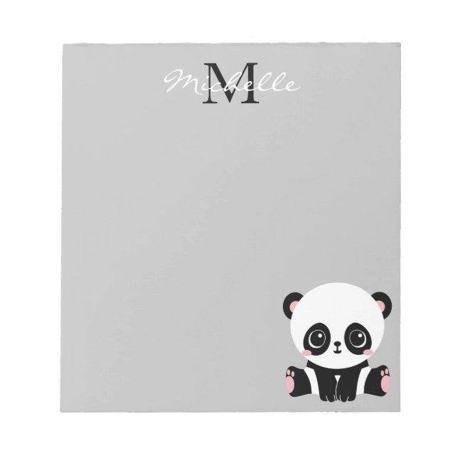 Monogram Cute Sitting Panda Personalized Silver Notepad (Front)