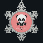 Monogram Cute Sitting Panda Personalized Snowflake Pewter Christmas Ornament<br><div class="desc">A cute panda bear sitting on the floor on a salmon background. Personalize with your monogram and name or delete text in text boxes for no name.</div>