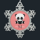 Monogram Cute Sitting Panda Personalized Snowflake Pewter Christmas Ornament<br><div class="desc">A cute panda bear sitting on the floor on a salmon background. Personalize with your monogram and name or delete text in text boxes for no name.</div>