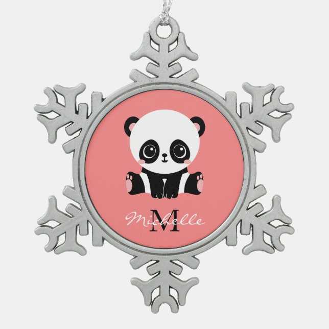Monogram Cute Sitting Panda Personalized Snowflake Pewter Christmas Ornament (Front)