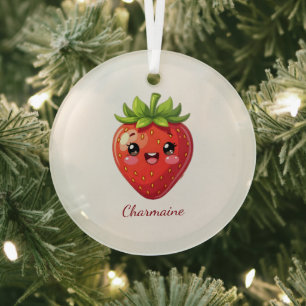Monogram cute strawberry kawaii glass ornament