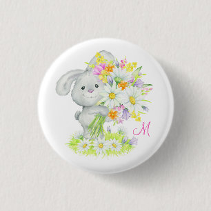 Monogram Cute Watercolor Floral Bunny Rabbit 1 Inch Round Button