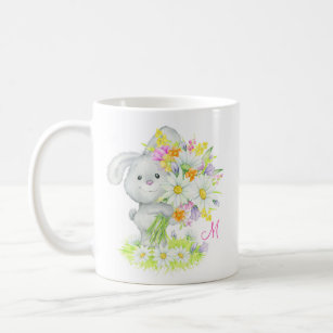 Monogram Cute Watercolor Floral Bunny Rabbit Coffee Mug