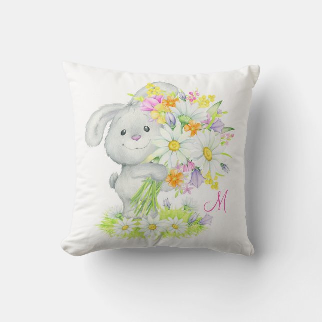 Monogram Cute Watercolor Floral Bunny Rabbit Throw Pillow (Front)