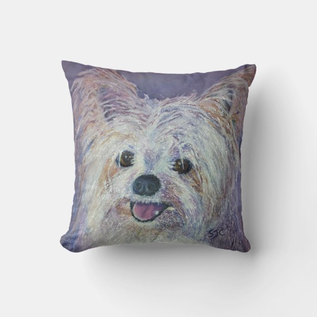 MONOGRAM CUTE WHITE YORKIE MIX THROW PILLOW (Front)