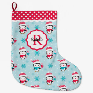 Monogram Cute Winter Penguin Large Christmas Stocking