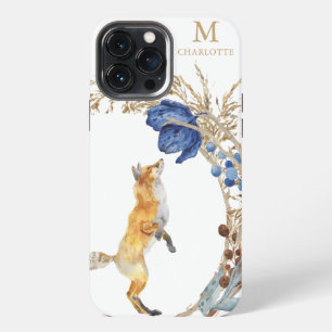 Monogram Cute Woodland Fox Watercolor Floral Name iPhone 13 Pro Max Case