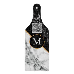 Monogram Cutting Board QR Code Black White Marble