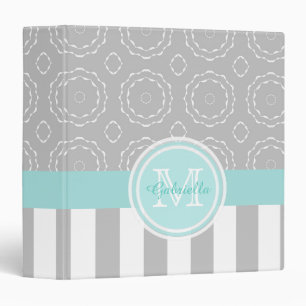 Monogram: Cyan, Grey & White Motif/Striped Binder