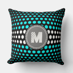 Monogram Cyan & White Polka Dots Pattern Throw Pillow