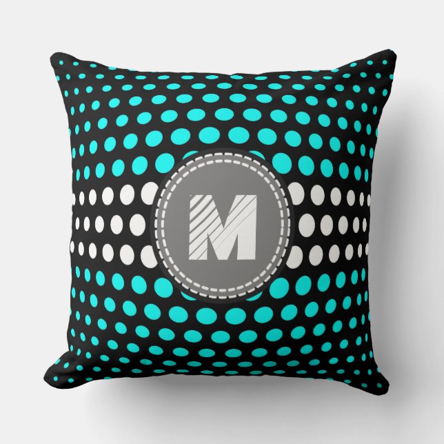 Monogram Cyan & White Polka Dots Pattern Throw Pillow (Front)