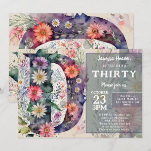 Monogram D Colorful Watercolor Flowers Birthday  Invitation