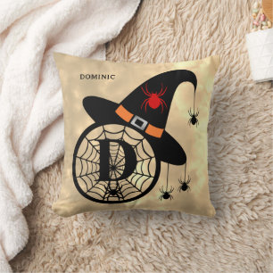 Monogram D Halloween Sky Witch Spiders Name Throw Pillow