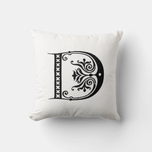 Monogram D Initial Black and White Floral Pattern Throw Pillow