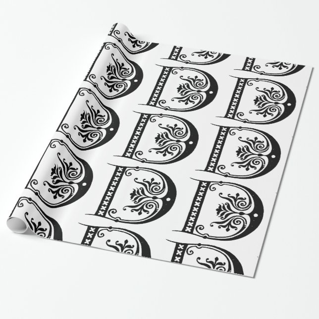 Monogram D Initial Black and White Floral Pattern Wrapping Paper (Unrolled)