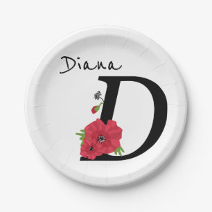 Monogram D, letter D, flowers, monogram Paper Plate