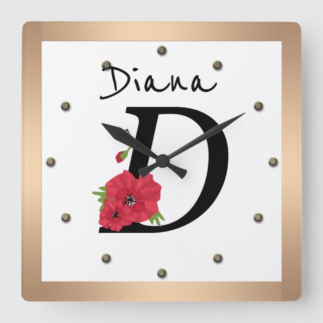 Monogram D, letter D, flowers, monogram Square Wall Clock (Front)