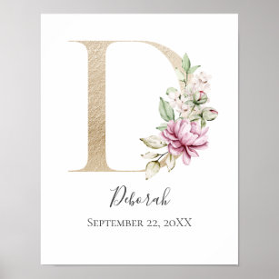 Monogram D Pink White Floral Gold Letter Nursery   Poster