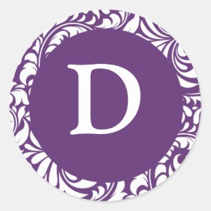 Monogram D Purple Damask Invitation Seals Stickers