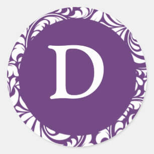 Monogram D Purple Damask Invitation Seals Stickers