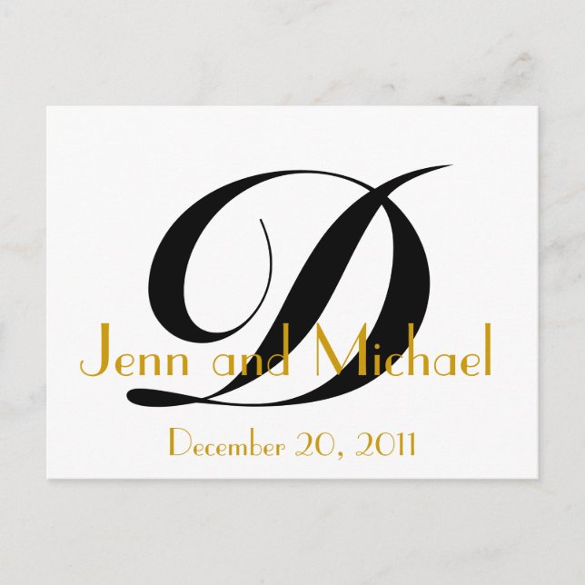 Monogram D Save the Date Card Gold Black White (Front)