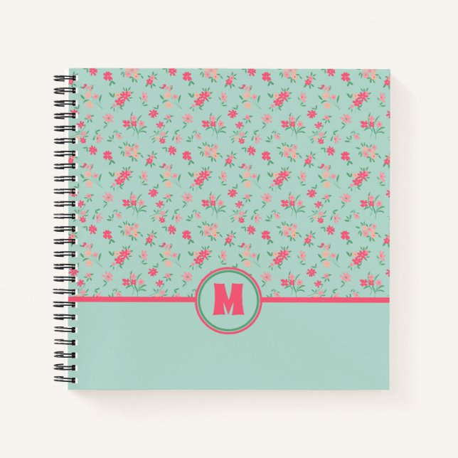 Monogram Dainty Pink Flowers Teal Notebook (Front)