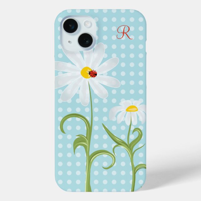 Monogram Daisies and Lady Bug Polka Dot Blue Case-Mate iPhone Case (Back)