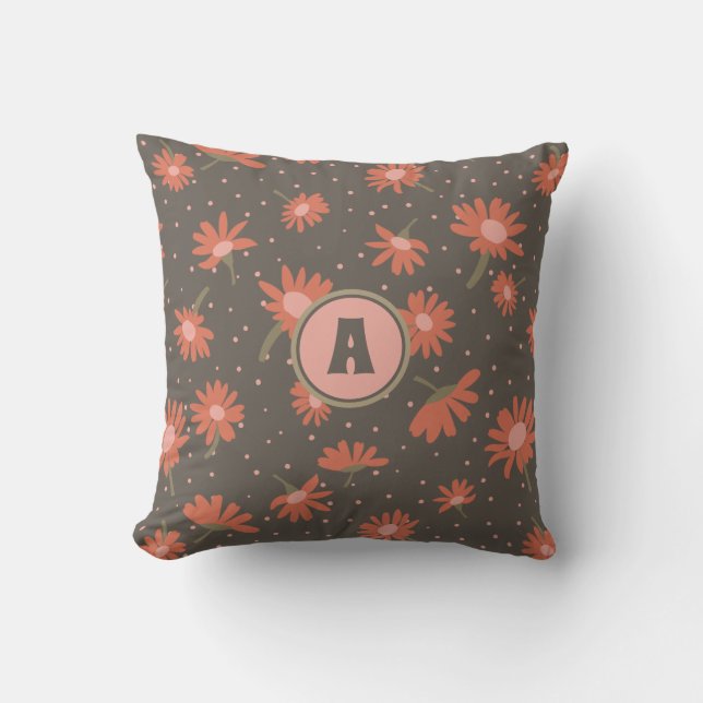 Monogram Daisies Coral Pink Brown Flower Pattern Throw Pillow (Front)