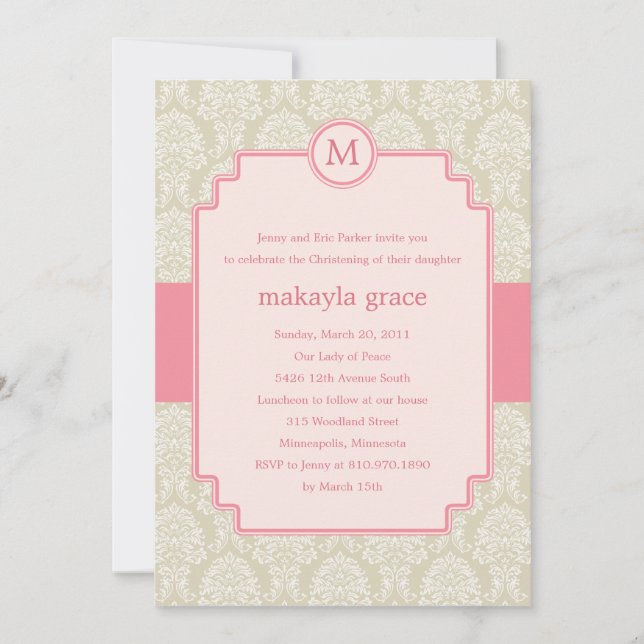 Monogram Damask Baptism/Christening Invite - Pink (Front)