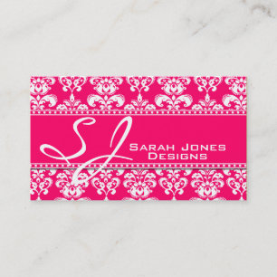 Monogram Damask Business Cards Pink and White