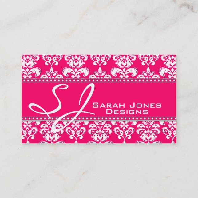 Monogram Damask Business Cards Pink and White (Front)