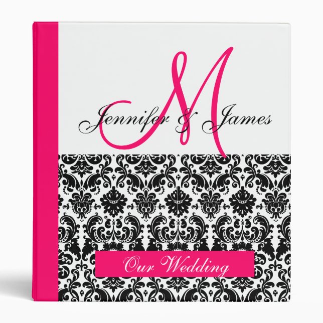 Monogram Damask Hot Pink Wedding Planner Binder (Front)
