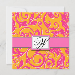 Monogram Damask Orange & Pink Wedding Invitations
