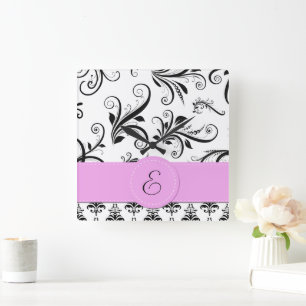 Monogram - Damask, Ornaments, Swirls - Black White Square Wall Clock
