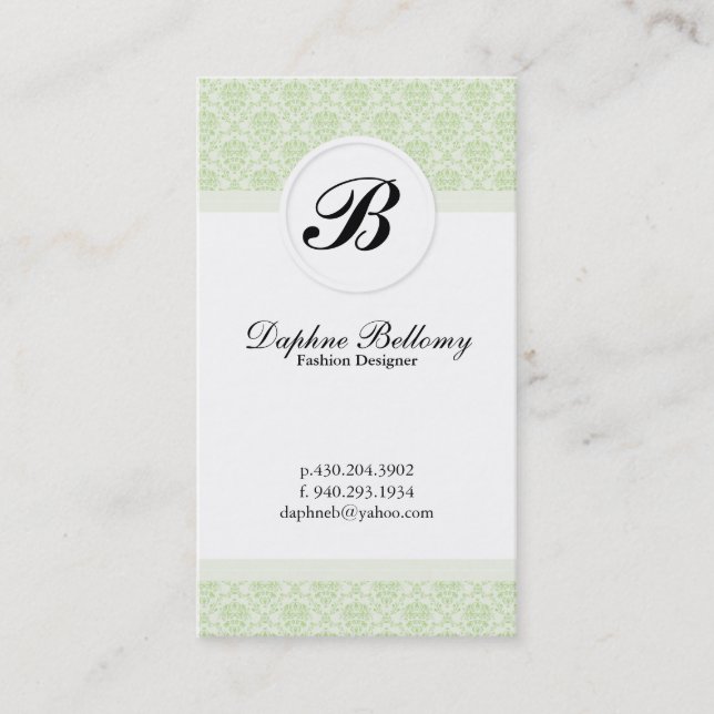Monogram Damask Pattern (mint green) Business Card (Front)