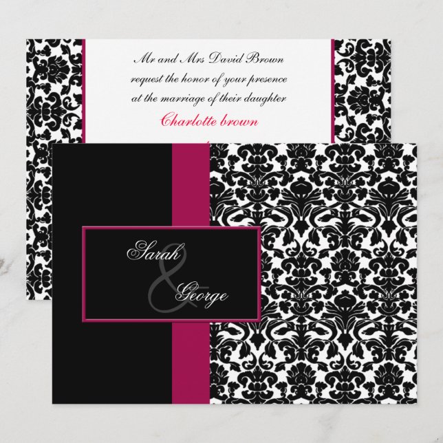 monogram damask pink wedding invitation (Front/Back)