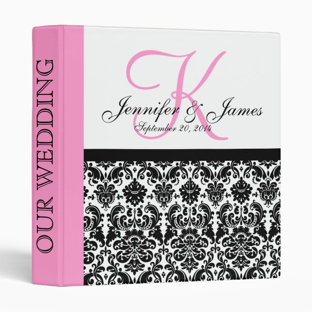 Monogram Damask Pink Wedding Planner Binder (Front/Spine)