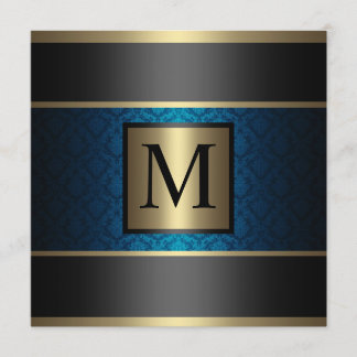 Monogram Damask Royal Blue, Black and Gold Invitation