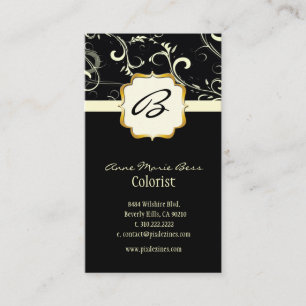 Monogram, damask + swirls  business cards