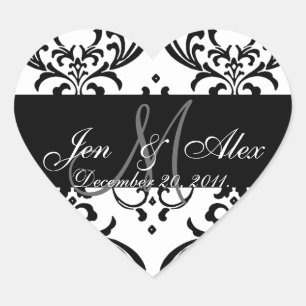 Monogram Damask Wedding Favour Sticker Heart Shape