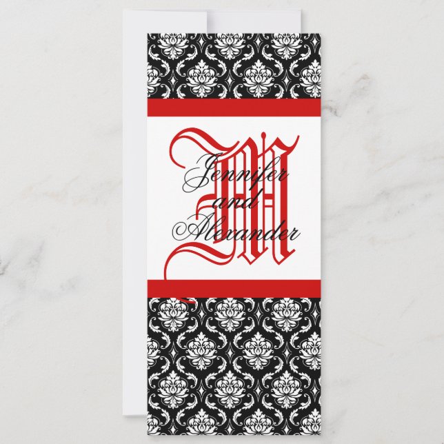 Monogram Damask Wedding Invitation Red & Black (Front)