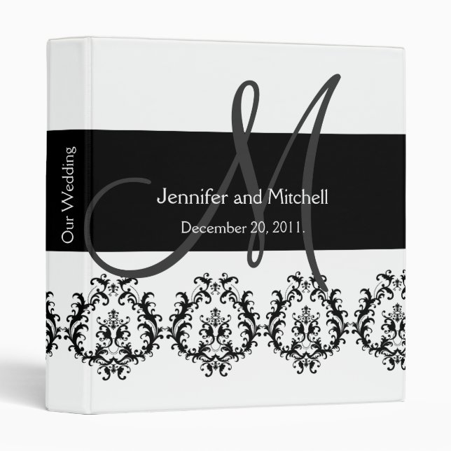 Monogram Damask Wedding Planner Black & White Binder (Front/Spine)