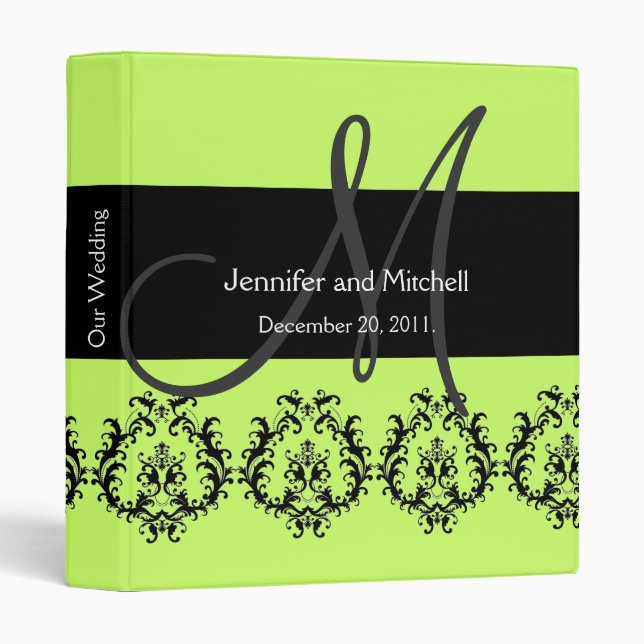 Monogram Damask Wedding Planner Bright Green Binder (Front/Spine)