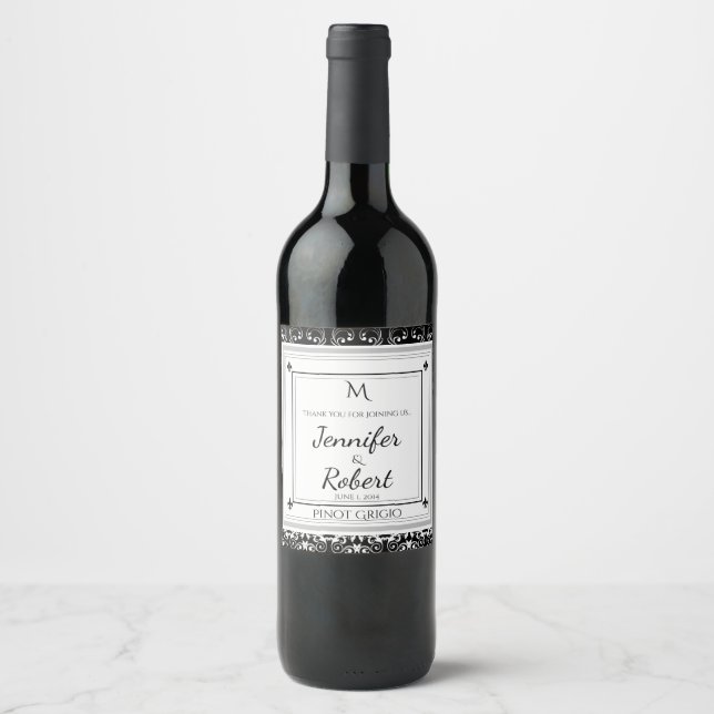 Monogram Damask Wedding Wine Bottle Label (Front)