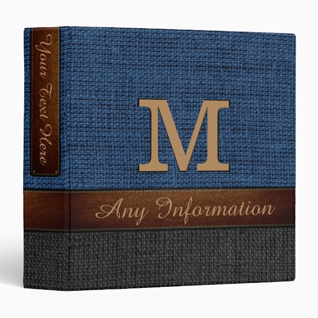 Monogram Dark Blue & Black Burlap Rustic Jute Binder (Front/Spine)